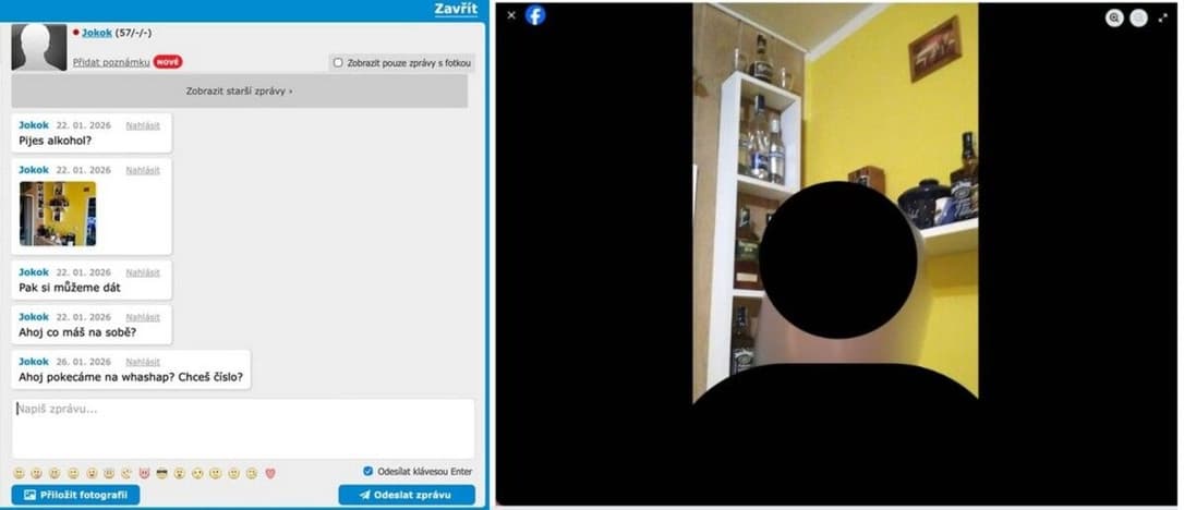 Vlevo: snímek obrazovky z komunikace mezi Jaromírem a Josefem Kováčem na seznamce nakluky.cz; vpravo: snímek obrazovky z profilu na sociální síti Facebook Josefa Kováče. | Zdroj: investigace.cz