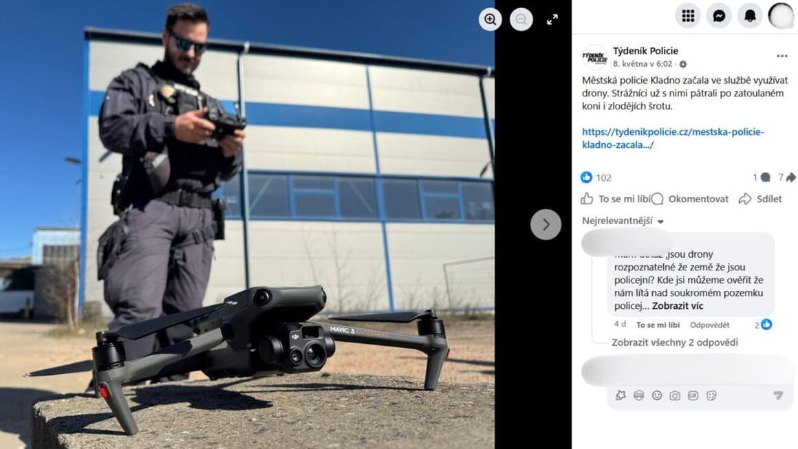 Dron DJI Mavic 3 Enterprise, který používají městští policisté v Kladně. Foto: snímek obrazovky Facebook Týdeník Policie | Zdroj: investigace.cz
