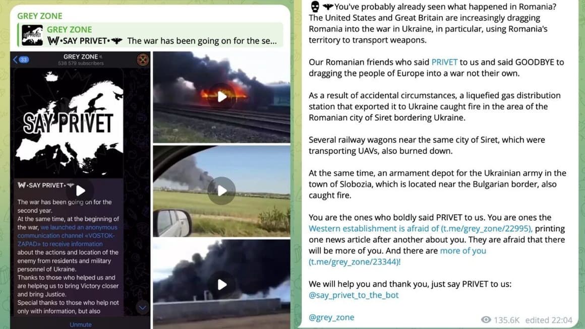 Příspěvek na Telegramovém kanálu Grey Zone, který vyzývá čtenáře, aby kontaktovali účet „Privet Bot“, se objevil 7. července. Příspěvek obsahuje záběry údajného sabotáže v Rumunsku, která ve skutečnosti nikdy nenastala. Zdroj obrázku: OCCRP/ Snímky obrazovky reklamy zveřejněné na kanálu @grey_zone na Telegramu.