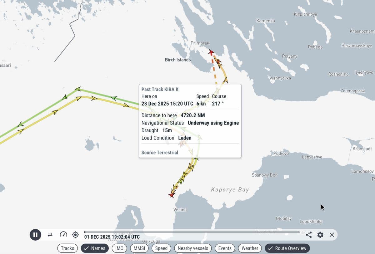 Trasa sankcionovaného ropného tankeru Kira K, který 27. prosince 2025 zakotvil v ruském přístavu Ust-Luga | Snímek obrazovky z webu marinetraffic.com
