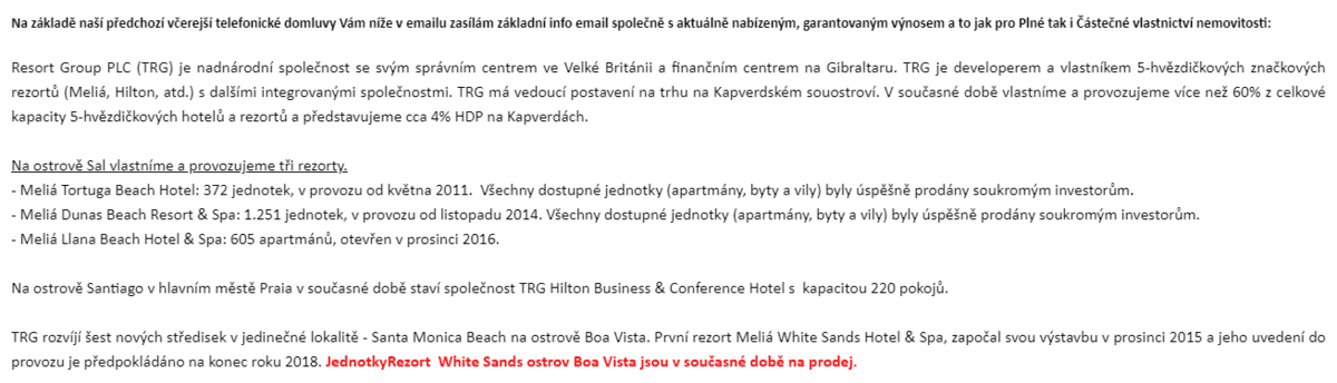 Úryvek z e-mailu, který lákal zájemce k investici na Kapverdách s The Resort Group. Zdroj: investigace.cz