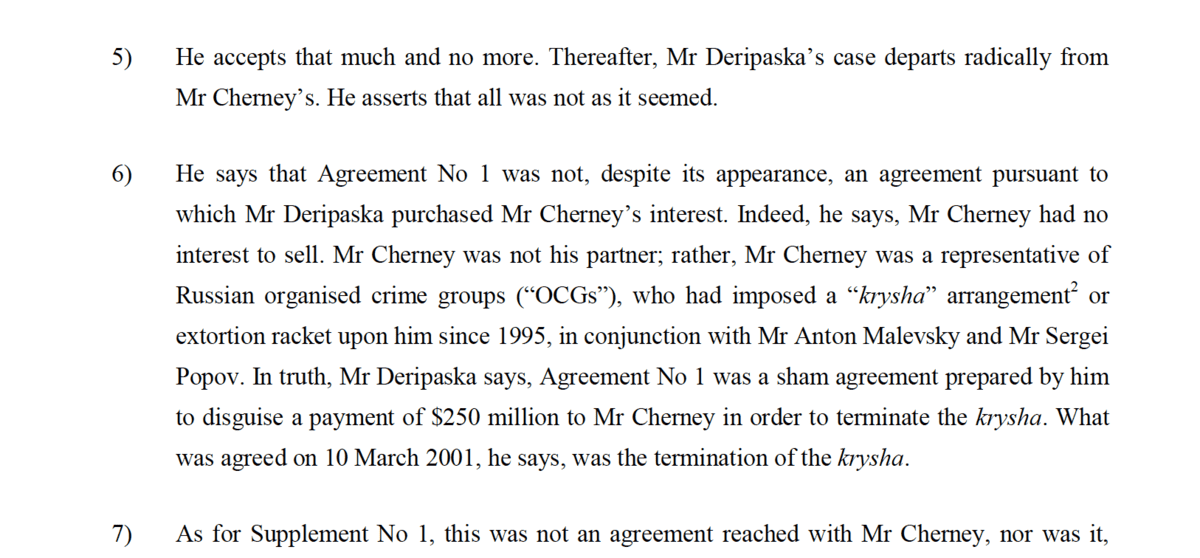 Oleg Děripaska zaplatil Michailu Černému, známému jako „Miša-Kryša“, 250 milionů dolarů. Zdroj: The High Court of Justice in London