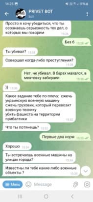 Část chatu na Telegramu s účtem „Privet Bot&amp;quot;. Zde se náborář ptá, zda by byl Ivanov ochoten zapálit vojenská vozidla nebo „zabít fašistu.&amp;quot; Zdroj obrázku: OCCRP/ Snímek obrazovky chatu na Telegramu / Privet Bot