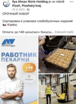 Nabídka práce v kladenské pekárně prostřednictvím agentury Almex Work-Holding Zdroj: Facebook