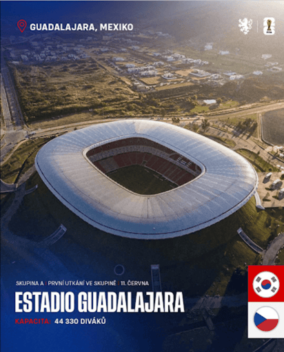 Úvodní zápas základní skupiny na Mistrovství světa ve fotbale 2026 odehraje český reprezentační tým na stadionu v Guadalajaře. Zdroj: Snímek obrazovky FB Česká fotbalová reprezentace 