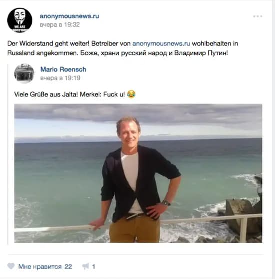 Popisek: V roce 2017 Rönsch zveřejnil fotografii s popisem „Zdravím z Jalty. Merkel: Fuck u!“. Zdroj: Snímek obrazovky VK