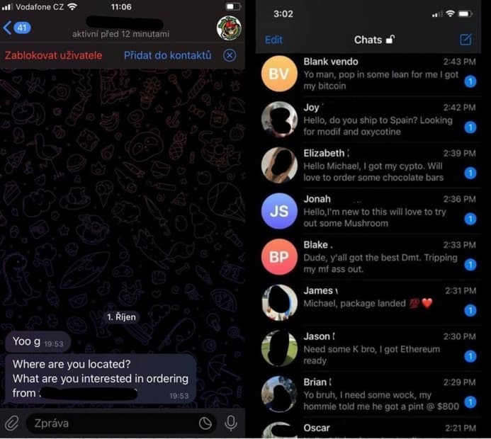Vlevo chat s obchodníkem; vpravo fotografie z kanálu, v němž obchodníci ukazují údajné zájemce o objednávku.