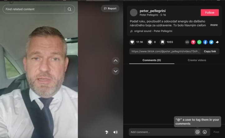 Nejsledovanějším videem o atentátu na Roberta Fica je od Petra Pellegriniho na cestě z nemocniční návštěvy premiéra. Zdroj: TikTok 
