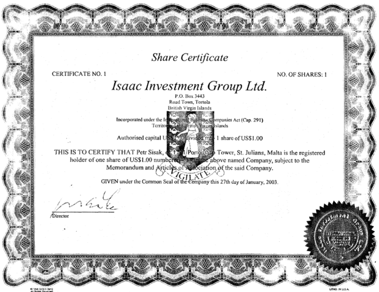 NYPROP-Sisak-BVI share certificate