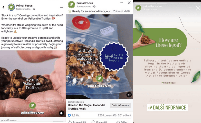 Příklady reklam na lanýže s psilocybinem.