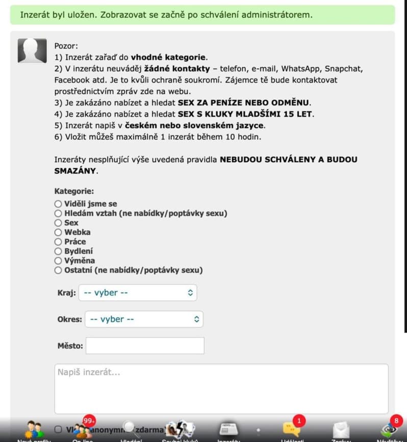 Inzeráty na seznamce nakluky.cz schvaluje administrátor. | Foto: Snímek obrazovky webu Nakluky.cz | Zdroj: investigace.cz