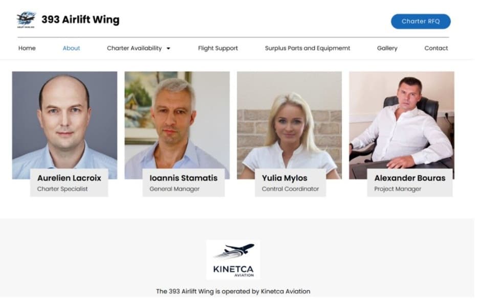 Web Kinetca Aviation s ukradenými fotkami a fiktivními jmény údajných zástupců firmy | Foto: snímek obrazovky webu 393aw.com | Zdroj: investigace.cz