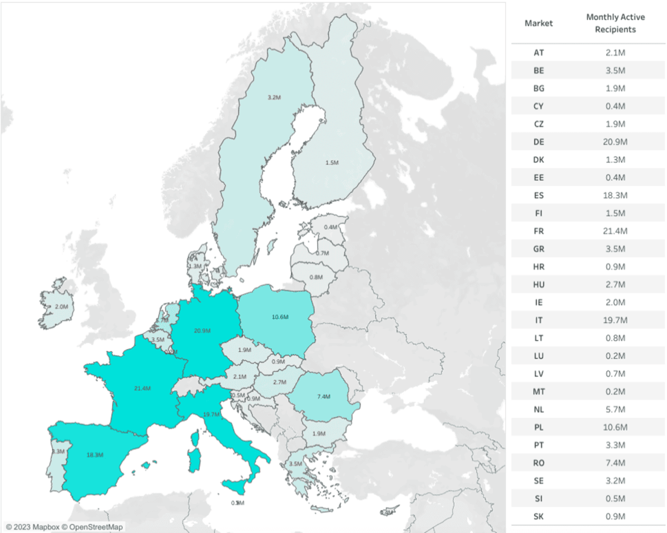 Mapa počtu uživatelů v EU podle oficiálního reportu TikToku (září 2023)